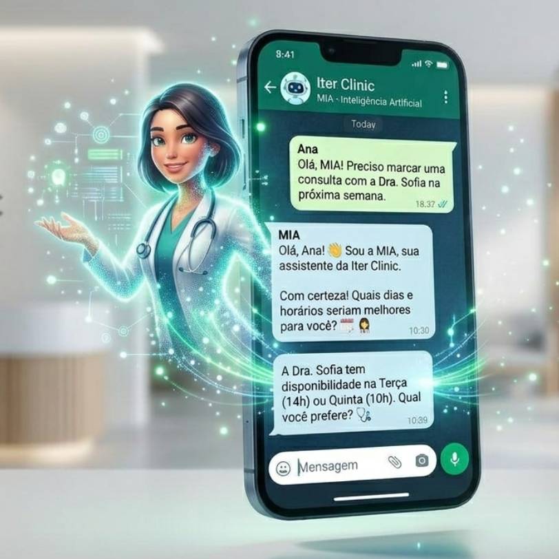 MIA Atendente, a IA de atendimento e agendamento do Iter Clinic, respondendo uma paciente no WhatsApp