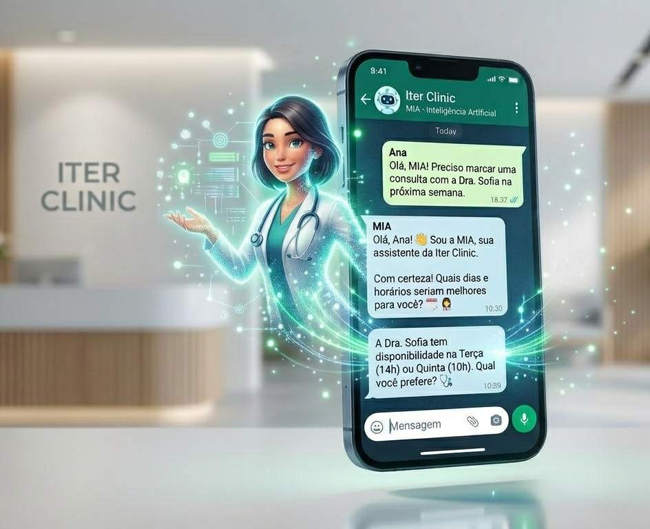 Mia, a IA de atendimento e agendamento do Iter Clinic, conversando com um paciente no WhatsApp